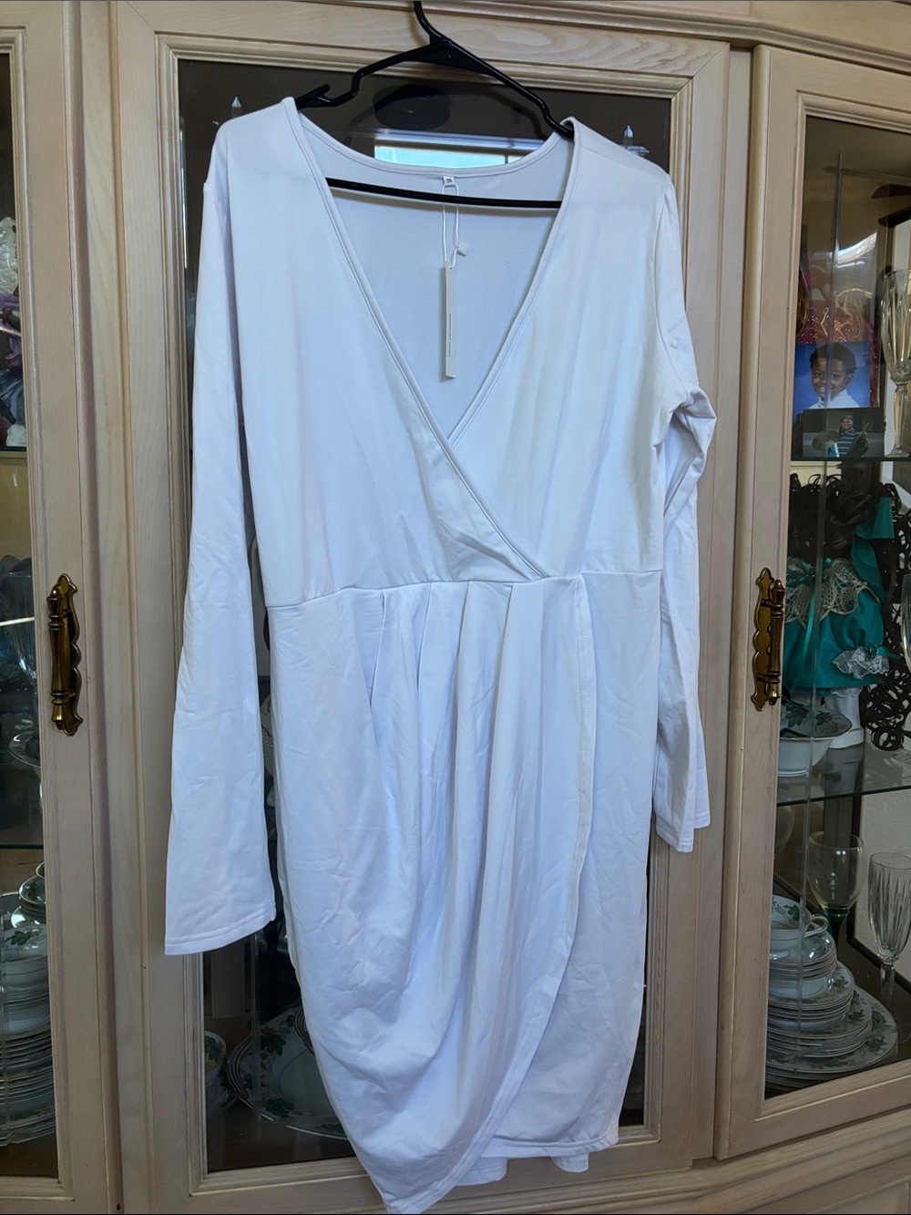 Classic White Long-Sleeve Wrap Dress - Picture 10 of 10